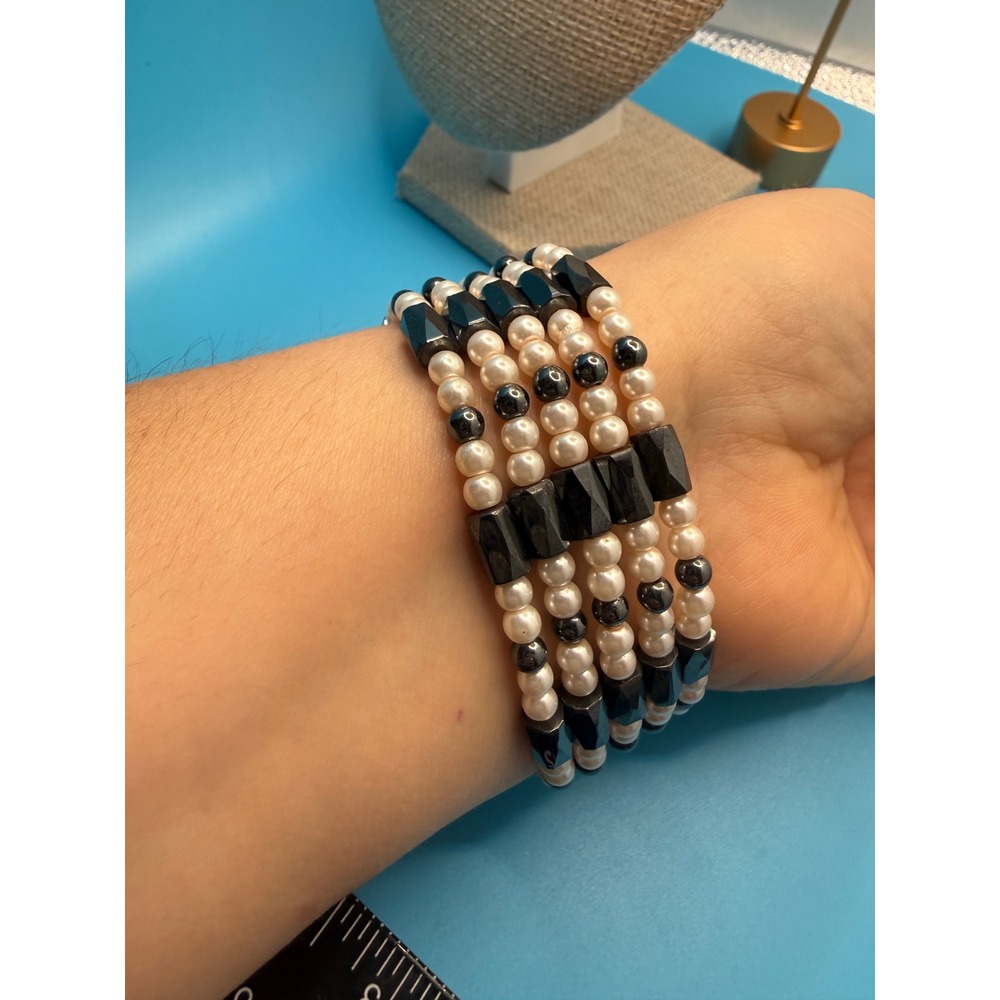 Magnetic Hematite Faux Pearl Wrap Bracelet Necklace Multi Strand Black White 34"